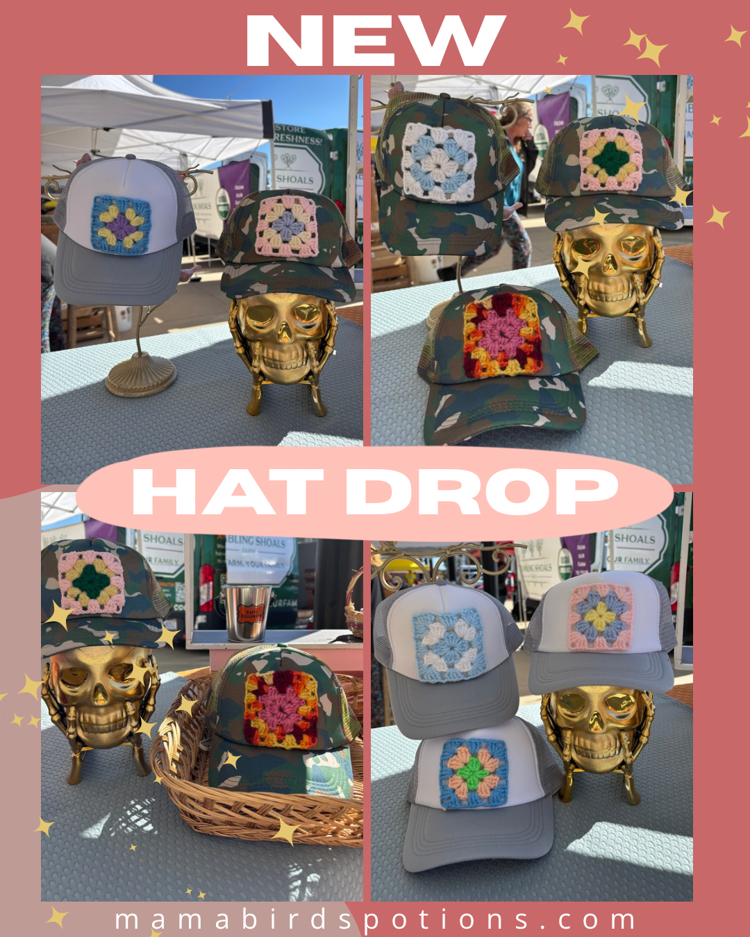 Granny Square Trucker Hat camo or gray